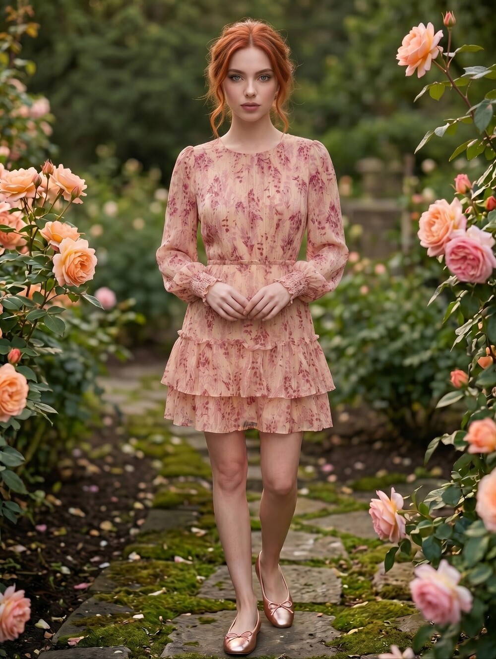 Aqua Blush Pink Floral Long Sleeve Tiered Mini Dress